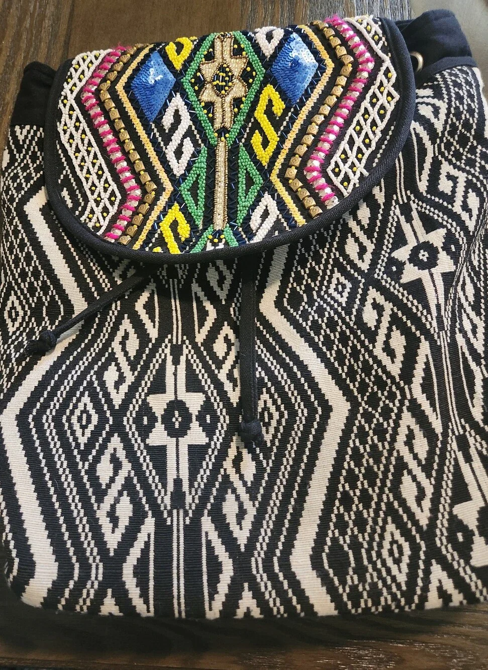 Expressions Nyc Beaded Black & White Tribal Drawstring Backpack